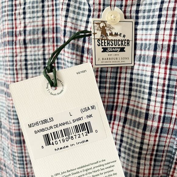 NWT Barbour Deanhill Summer Seersucker Plaid Button Up Shirt Mens Medium Navy - Picture 3 of 10